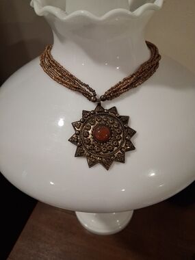 Gold-Tone Sunburst Pendant Necklace with Orange Stone